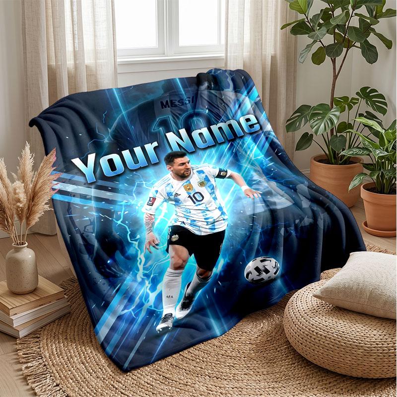 Lionel Messi Custom Name Text Flannel Blanket Soccer Logo Personalized Fleece Throw Blanket Special Gift For Sofa Bedroom Home