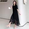 Летнее платье больших размеров для женщин, длинное платье из шифона, повседневное свободное, однотонное черное винтажное элегантное женское платье