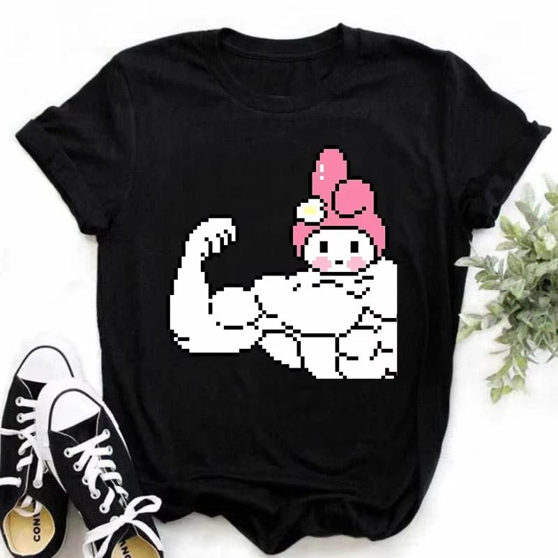 Мышечные Sanrioes Женская футболка Аниме HelloKitties Cinnamon Kuromis Веселая модель Мультяшная одежда Повседневная хлопковая футболка для пар