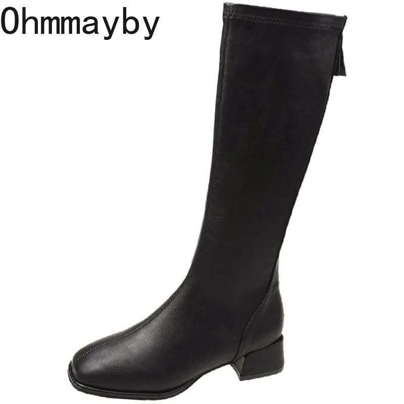 Fashion Winter Woman Knee-High Boots Fashion Comfort Soft Leather Square Low Heel Long Booties 2024 Trend Add Fur Women's Boots