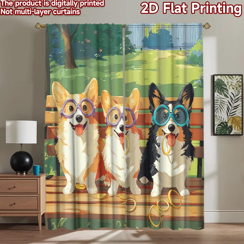 2D flat printing 2pcs Curtains Cute Corgi Puppies Sitting Bench Digital Printed Polyester Drapes Family Party Decoration Use for