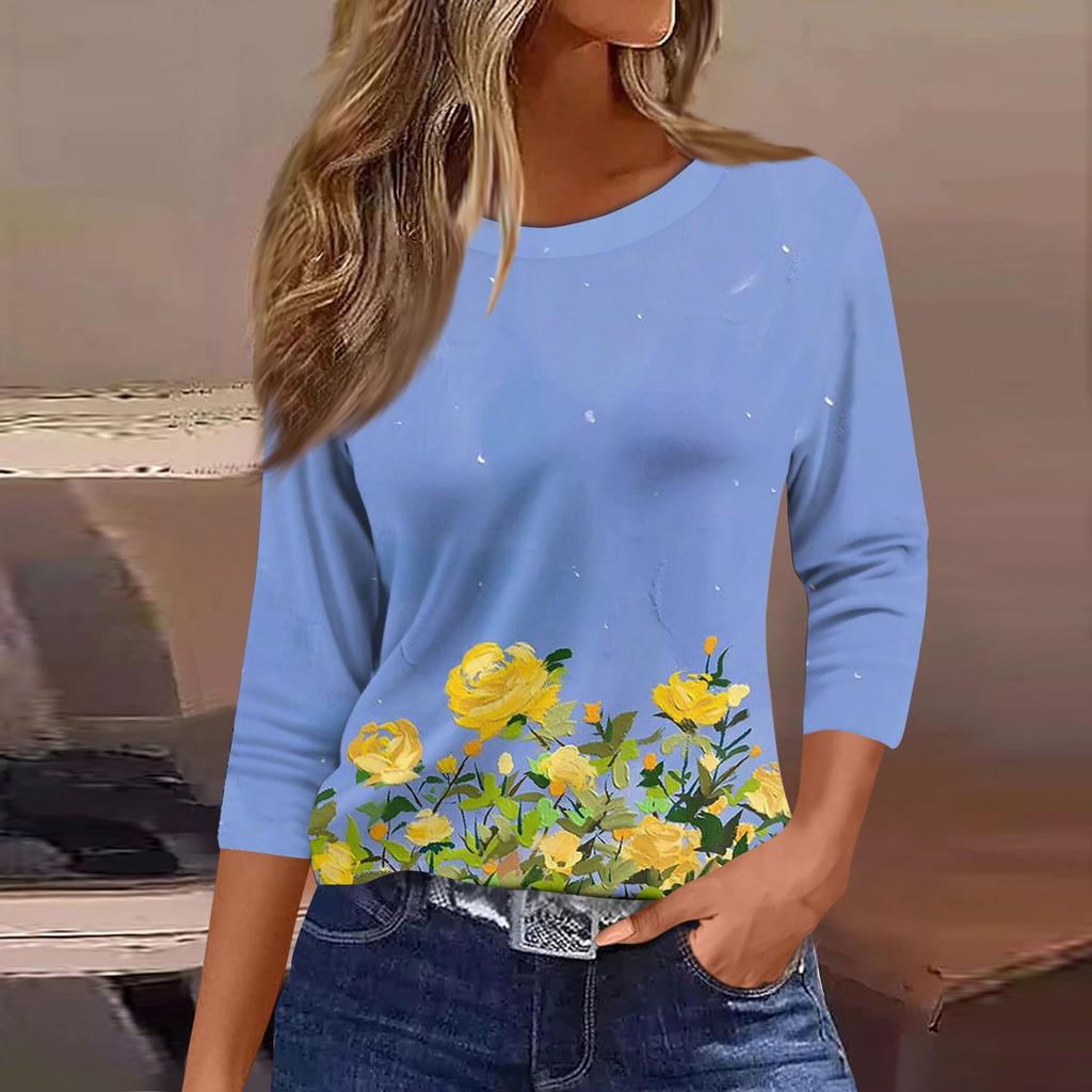 Women's Fashion Casual Round Neck 3/4 Sleeve Loose Printed T-Shirt Ladies Top