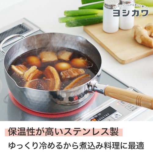 Yoshikawa Yukihira Saucepan, 20cm, 2.3L, Made in Japan, Stainless Steel, Dual-Sided Spout, Induction and Gas Compatible, YH6753, Tsubame-Sanjo