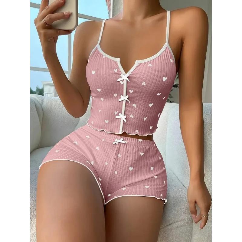 Sleepwear Women Pajamas Set Heart Print Soft Ribbed Fabric with Flirty Frill Trim Casual Cami Top and Shorts Sets Loungewear