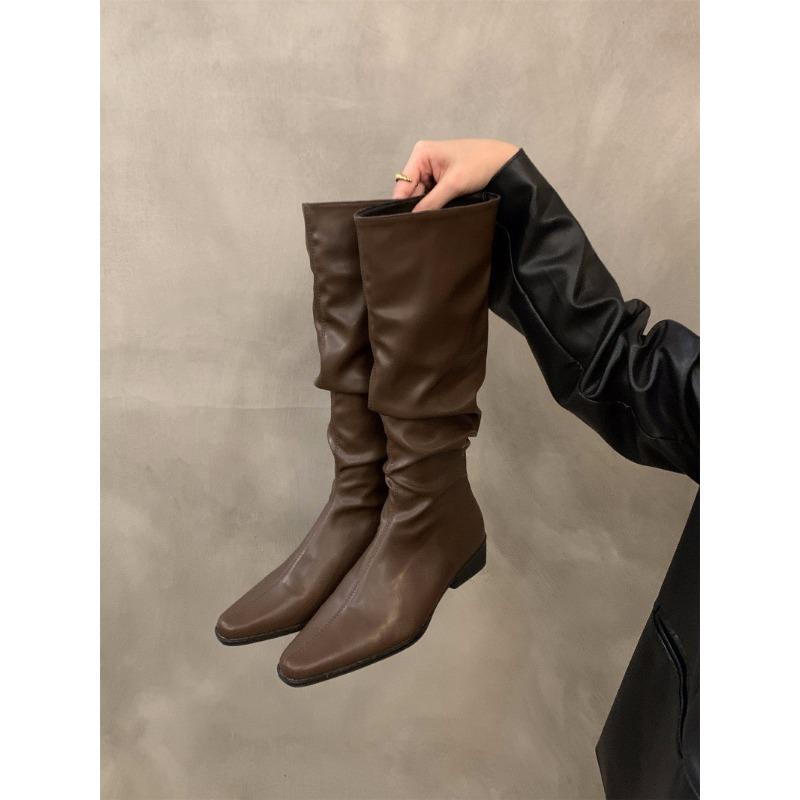 Thick Heel Pleated Stack Long Tube Knight Boots Women's Shoes New Spring and Autumn Western Thin Medium Tube Long Boots