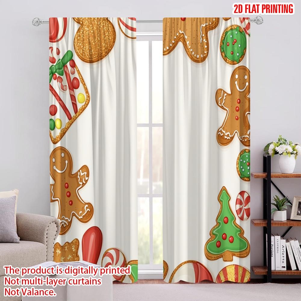2pcs,2D plane printing Light Filtering Curtains Christmas Cookies Gingerbread Sweets (2) Polyester Woven (without rod) Outdoor