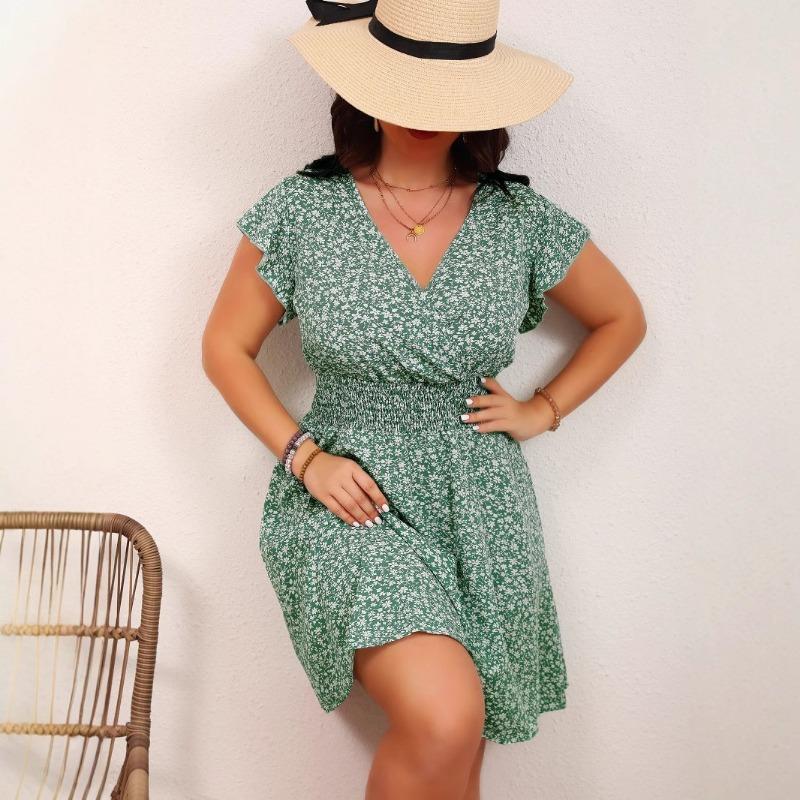 Плюс Размер Женская мода Новое Короткий рукав V-образный вырез Талия Цветочное платье