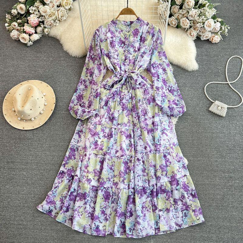 Long Sleeves Stand Collar A- Line Elegance Wide Hem Printed Dress