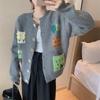 Autumn and Winter New Contrasting Color Retro Knitted Cardigan Vest Women's Loose Lazy Style Cartoon Sweater Jacket Top