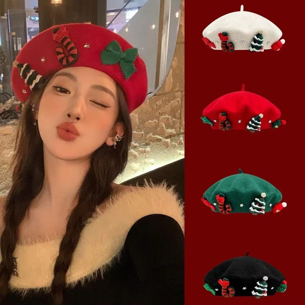 Sweet Christmas Beret Cap Red Green Xmas Painter Hat Winter Christmas Beret Hat Girls