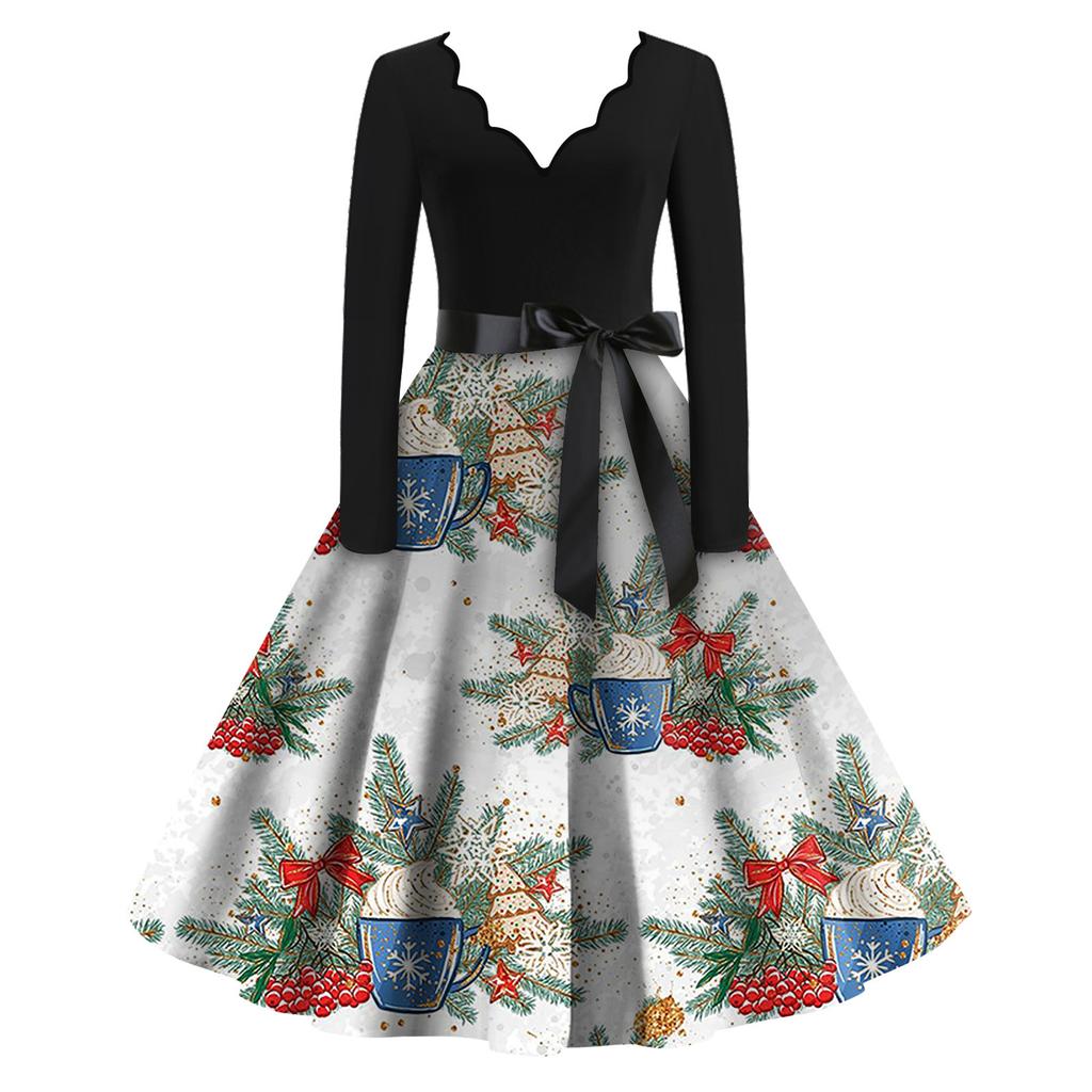 Женские модные повседневные тонкие рождественские платья с длинным рукавом с v-образным вырезом и принтом