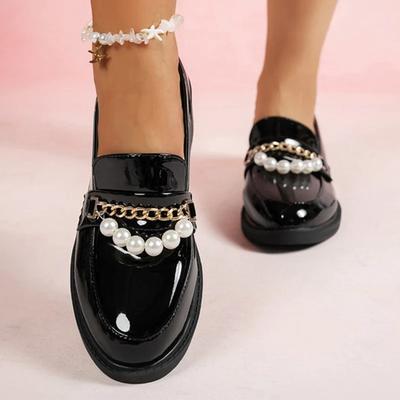 Модные женские лоферы с жемчужной металлической цепочкой, женская обувь весна-осень, черные туфли на платформе, женские модные повседневные лоферы из искусственной кожи