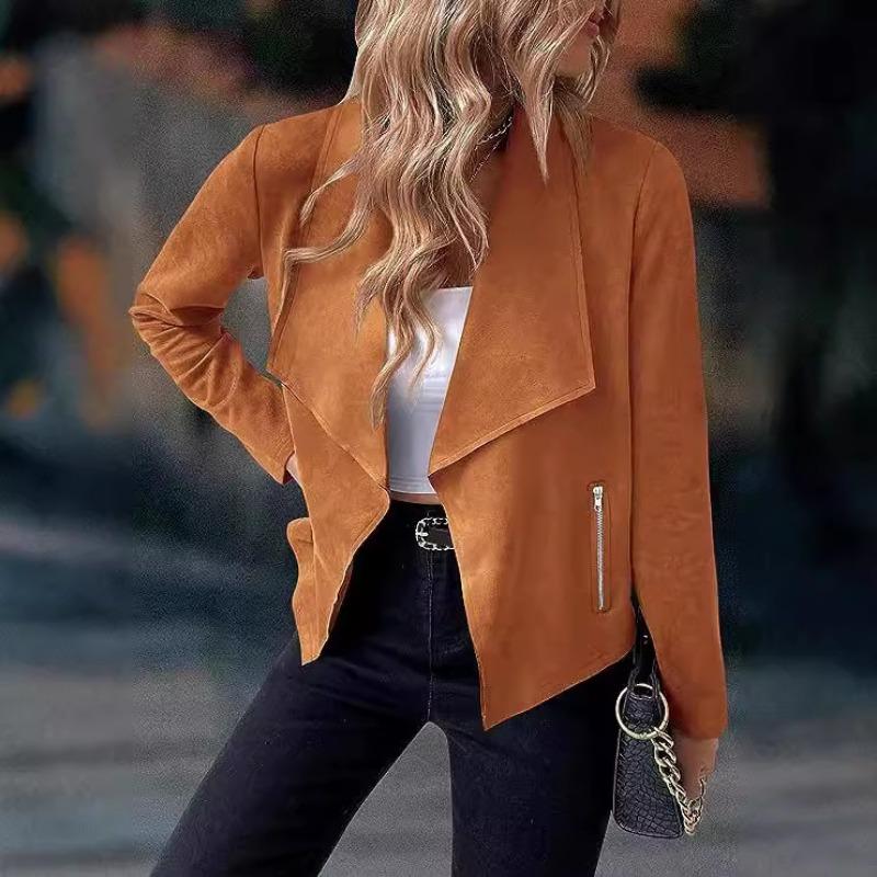 Autumn Fashion Women New Jackets Casual Imitation Deerskin Short Coat Big Lapel Elegant Long Sleeve Zipper Solid Color Clothes 1572