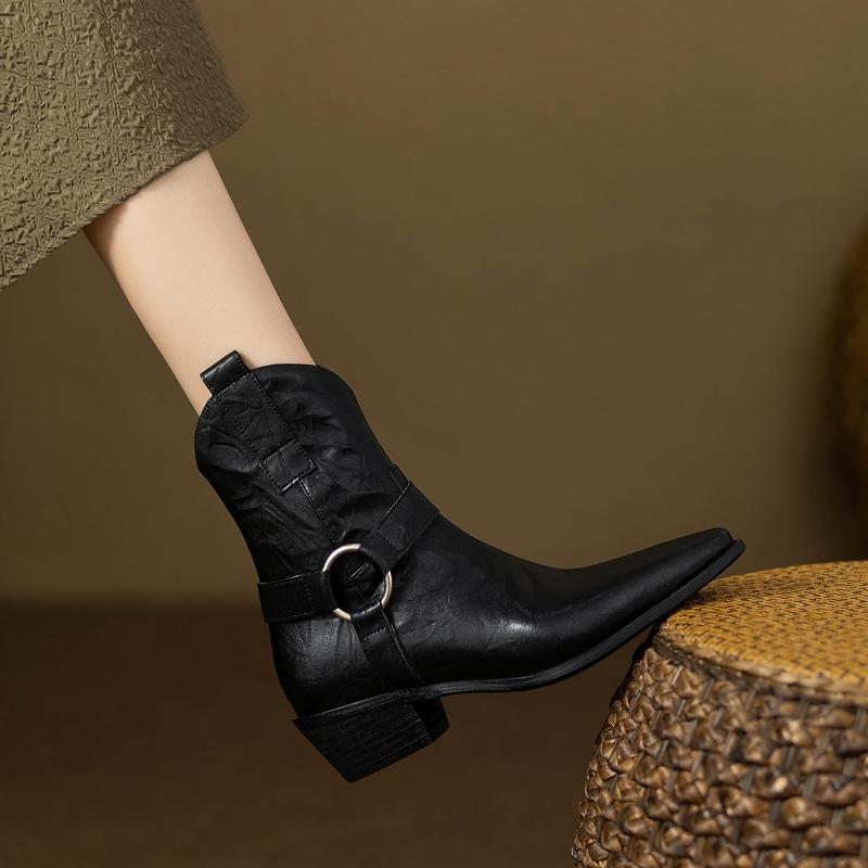 2024 New Autumn Women Boots Pointed Toe Women Shoes Chunky Heel Ankle Boots Winter Western Boots Cowboy Boots Genuine Leather