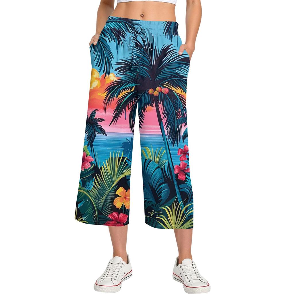 Женские летние повседневные спортивные брюки с высокой талией и принтом, укороченные брюки свободного покроя