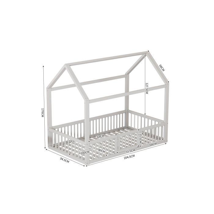 90*200cm Lit en bois massif, Lit double, Lit plat, Lit de maison, Lit de maison avec porte, blanc