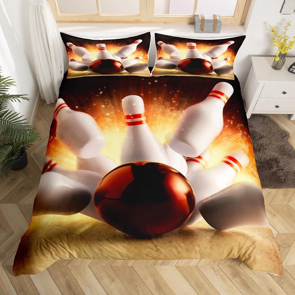 Постельный набор для боулинга 3 предмета Удар страйк в боулинге с рисунком огненного взрыва Пододеяльник на спортивную тематику из микрофибры