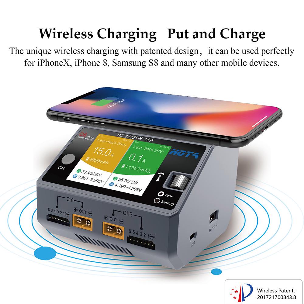 HOTA D6 Двухканальное интеллектуальное зарядное устройство 2*DC325W 15A для Lipo NiMH аккумулятора Беспроводная зарядка телефона