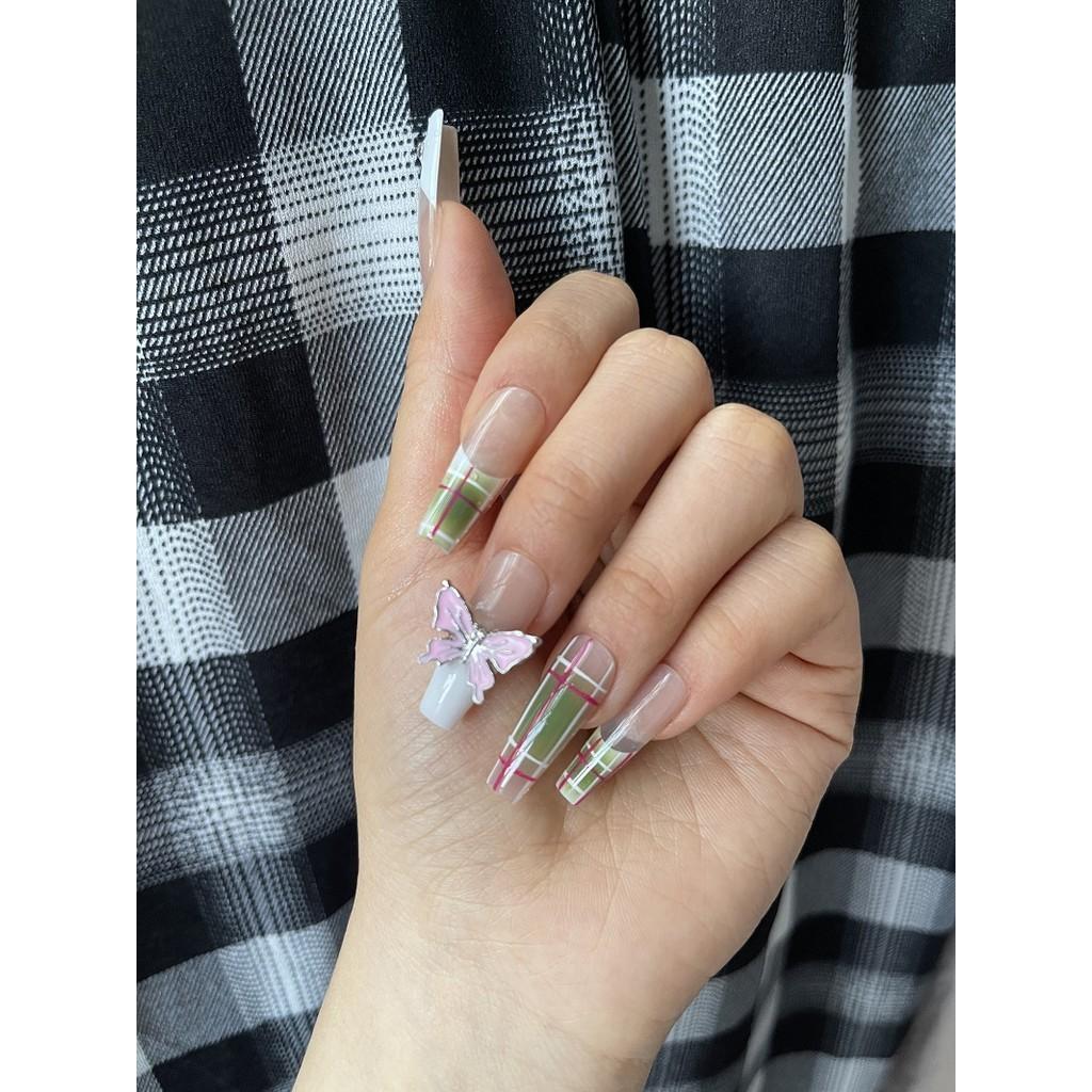 Искусственные ногти ручной работы, плед из сплава, розовая бабочка, длинные трапециевидные ногти для фототерапии, накладные ногти, многоразовые и съемные ногти