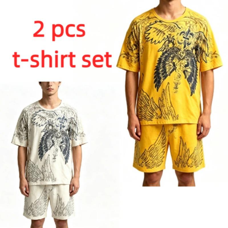 Summer Casual Angel Wing Printed Round Neck Short Sleeved T-Shirt And Shorts Set Men's and Women's T-shirt Shorts Set