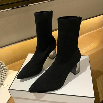 Горячая распродажа женских коротких сапог на высоком каблуке 2024 года, зимние дизайнерские сапоги с квадратным носком из сетчатой ткани, дышащие, эластичные, слипоны на платформе