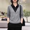Threaded German Velvet Autumn New Sweatshirt Women Fake Two-piece Long-sleeved Top Fashionable Casual Versatile Base Shirt