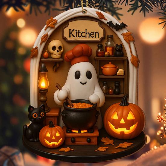 Halloween Ghost Ornament Acrylic Ghost-Themed Reading Cooking Painting Ornament Tree Hanging Decoration for Indoor Home Decor