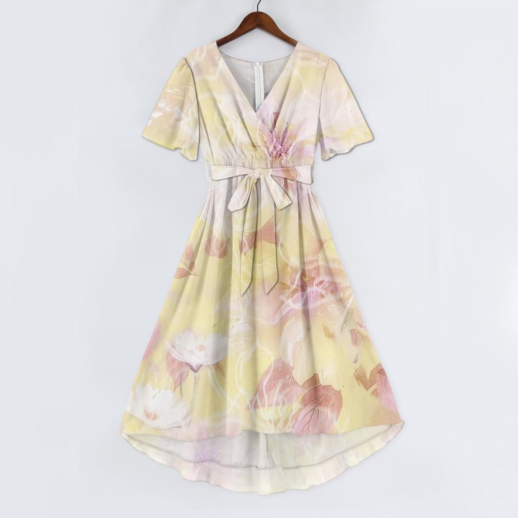 Женские модные повседневные платья с V-образным вырезом, короткими рукавами и оборками, винтажным принтом