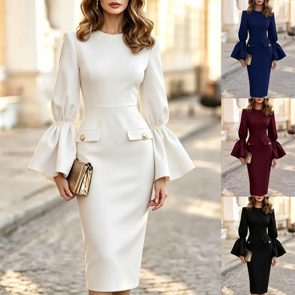 New Stylish Round-neck, Puff-sleeve, Fitted, Long-sleeved Dress