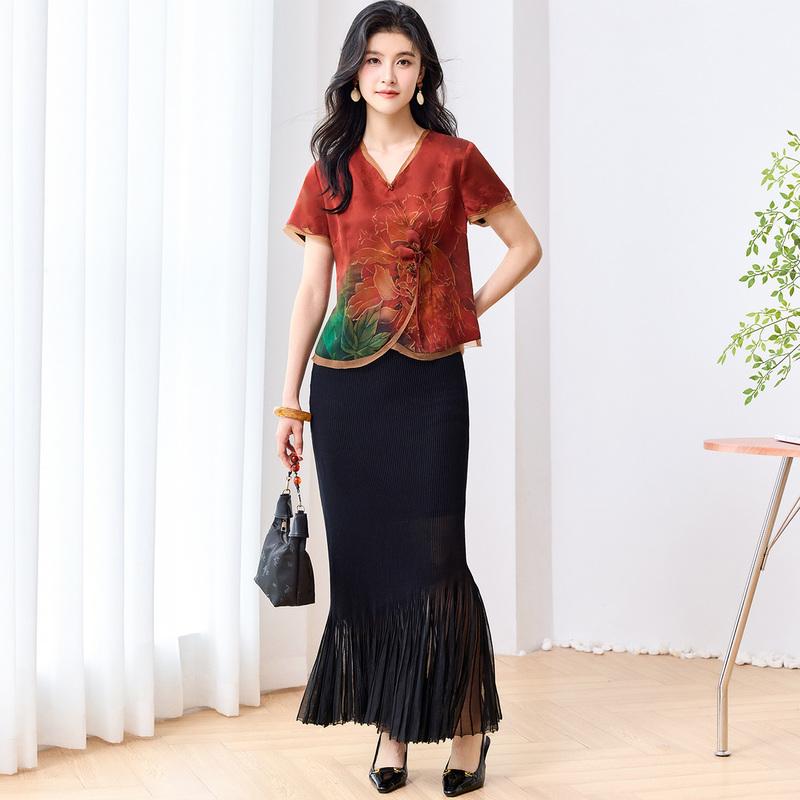 Fragrant Cloud Yarn 100% Mulberry Silk V-neck Printed Silk Summer New Women's T-shirt