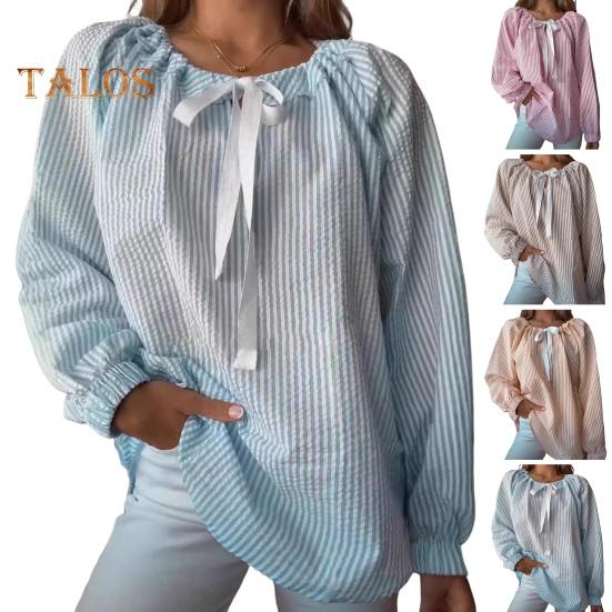 Женская рубашка с круглым вырезом, бантом, шнуровкой, длинным рукавом, полосатым принтом, свободный крой, для вечеринок, офиса, повседневной носки