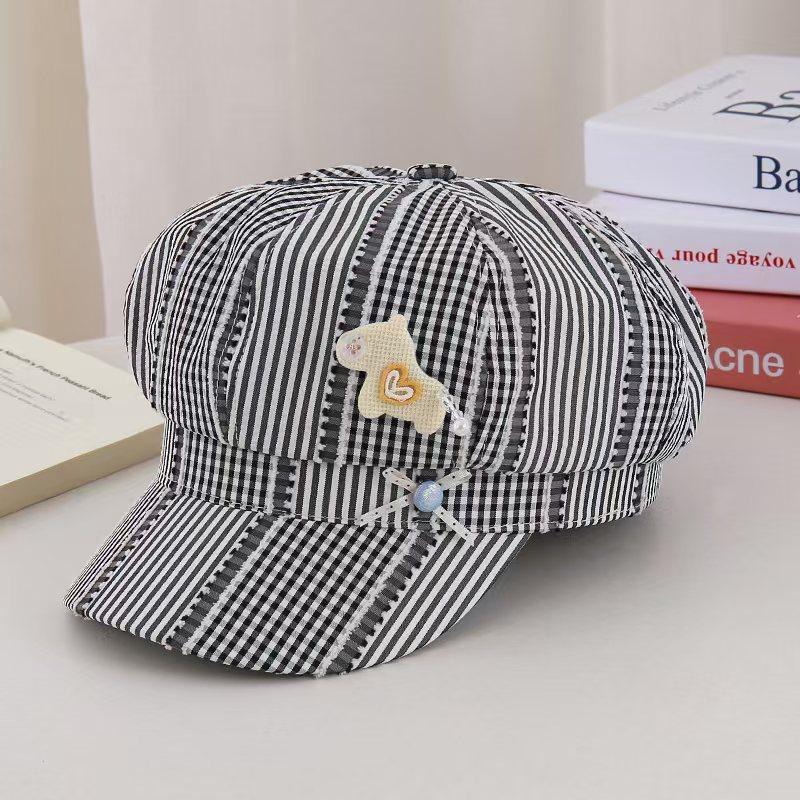Sweet Button Love Plaid Octagonal Beret Women'S Big Head Circumference Show Face Small Fashion Versatile Newsboy Painter Hat
