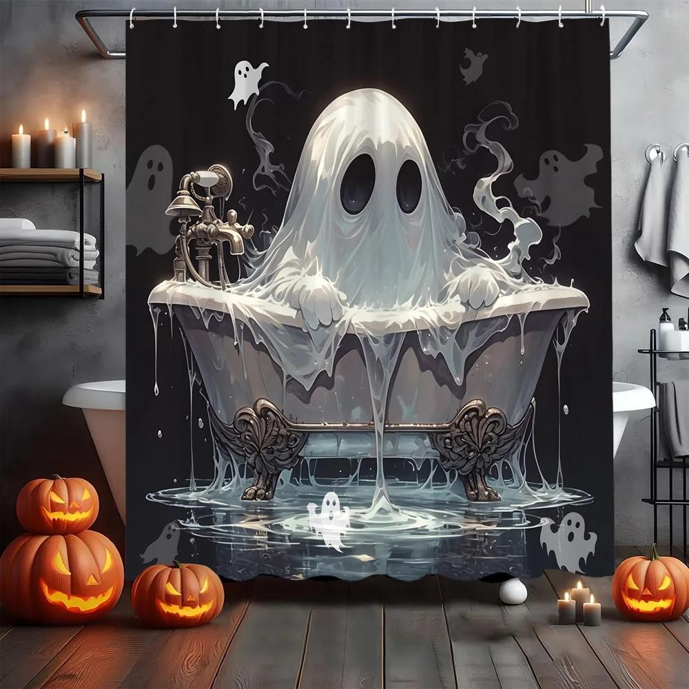 Gothic Skull Skeleton Shower Curtain Halloween Vintage Spooky Funny Black Rose Bone in Bathtub Retro Floral Unique Bathroom Deco