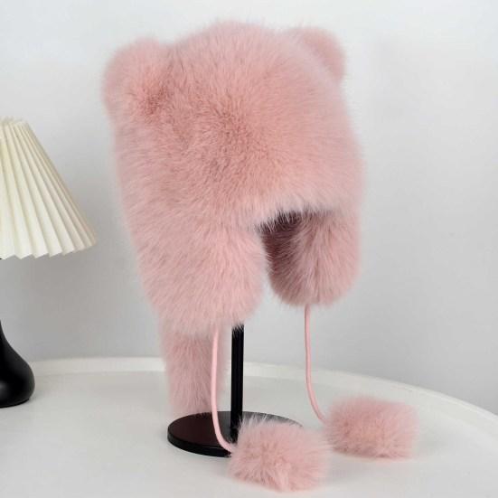 Женская зимняя шапка с толстым искусственным мехом, украшением в виде ушей и хвоста в виде мультяшного енота, однотонная, ветрозащитная шапка Lei Feng для катания на лыжах, сноуборде, пешего туризма