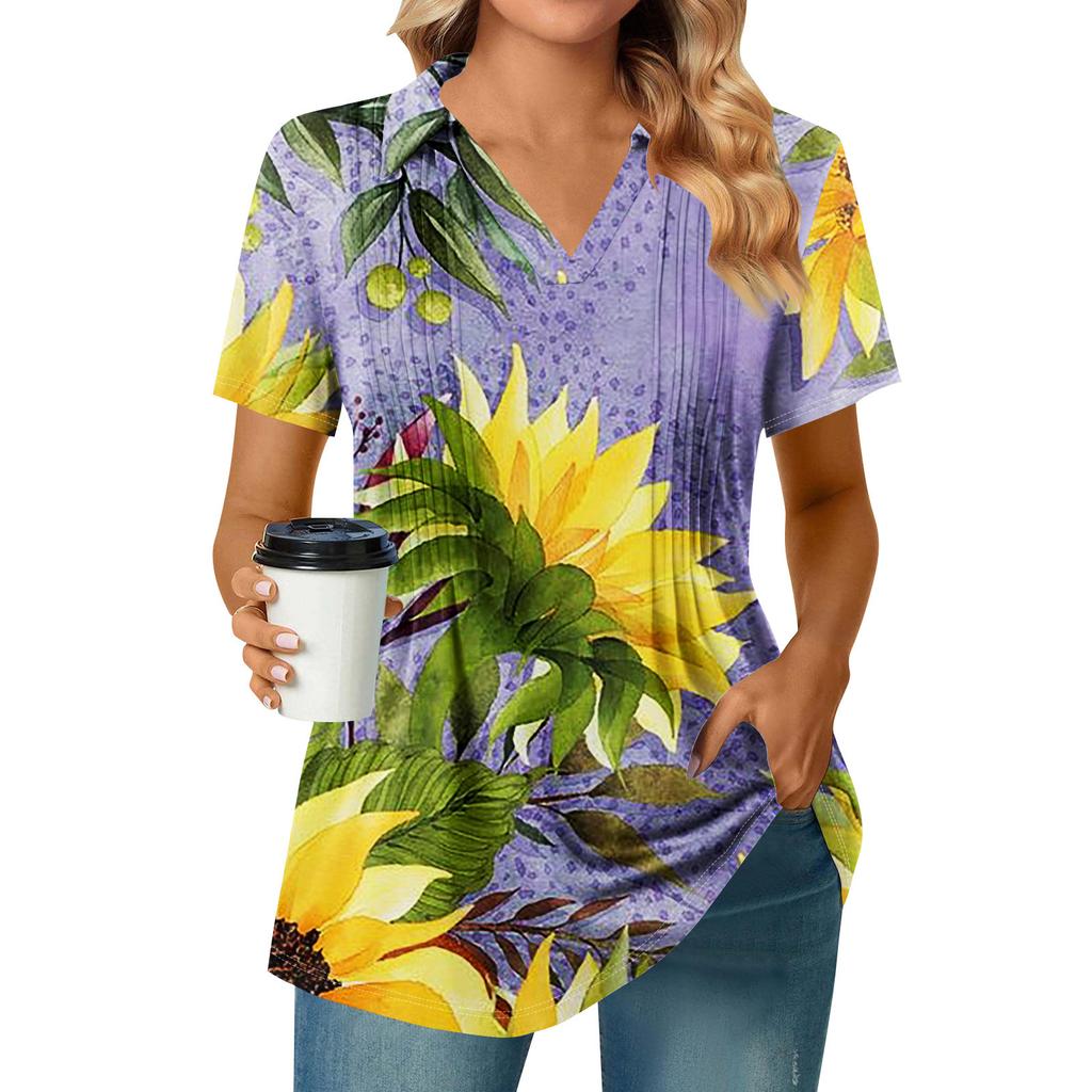 Women's Pleated V-neck Short Sleeved Sunflower Print T-shirt Business Casual Shirt