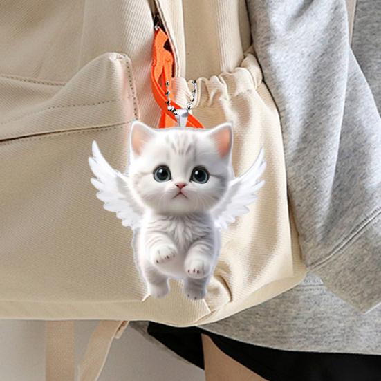 Подвеска в виде кота-ангела, украшение для зеркала заднего вида, украшение для автомобиля, милый белый кулон в виде котенка с ремешком, причудливое очарование