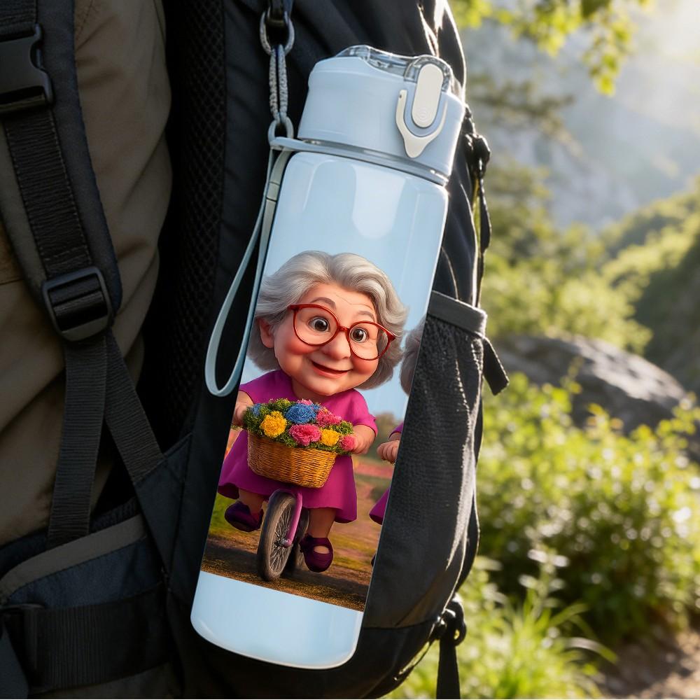 1PC Two Elderly Old Ladies Portrait Print 750ml Color Plastic Sports Water Bottle Leakproof Flip Straw Lid Suitable for Sports Office Home Use