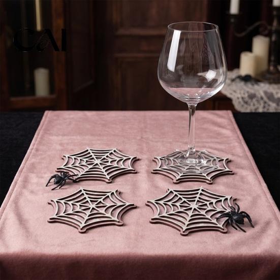 Boho Style Coffee Table Decor Halloween Spider Web Wooden Coaster, Anti-Slip Wood Cup Mat with Figurine, Heat Resistant Drink Coasters