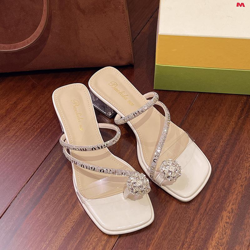 Summer New 2025 Crystal Sandals with Skirt Wear High-heeled Thick-heeled Women's Rhinestone Cool Slippers