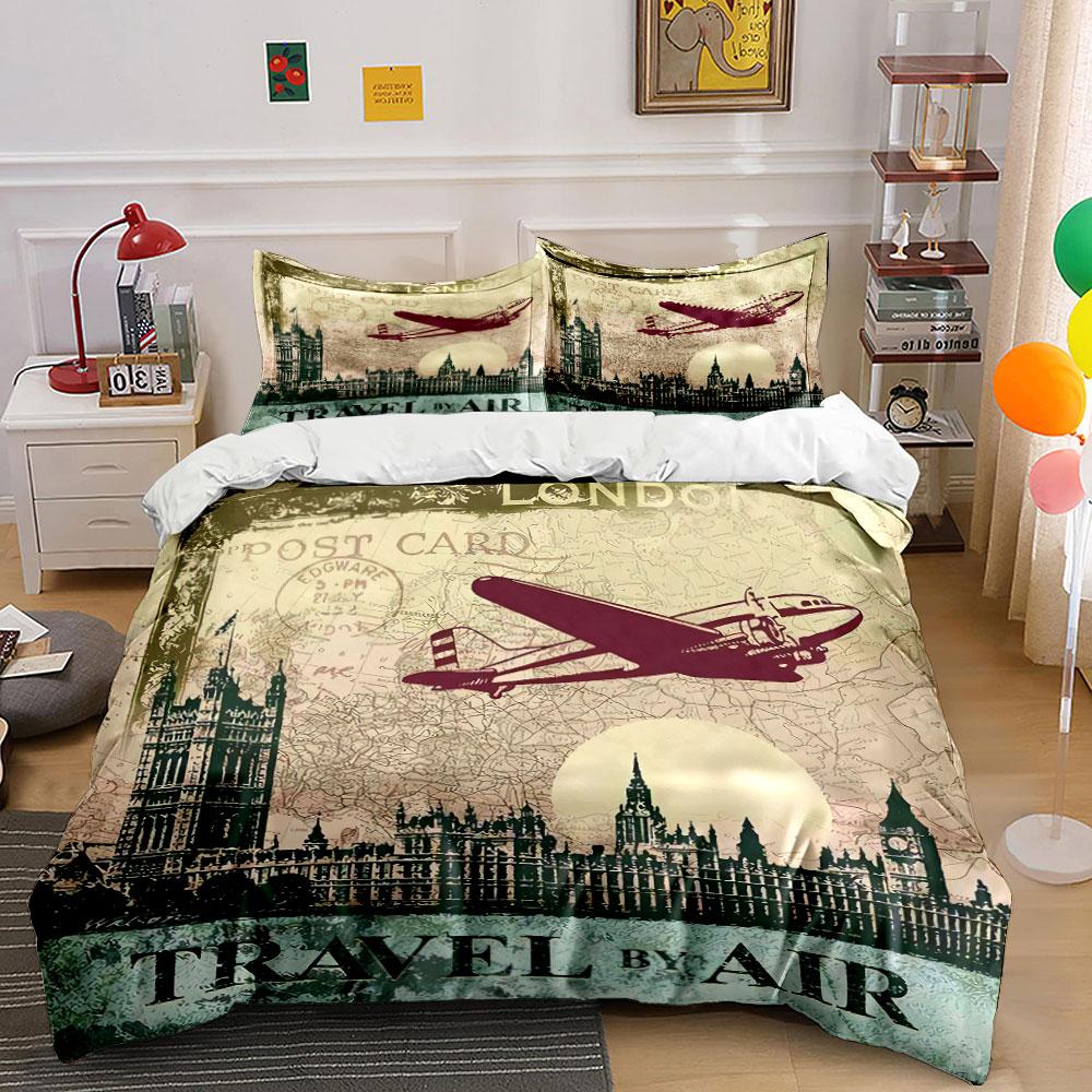 Vintage Airplane Travel Print Bedding Duvet Cover Set Duvet Cover Pillowcases (1*Duvet Cover 2*Pillowcases, without duvet insert)