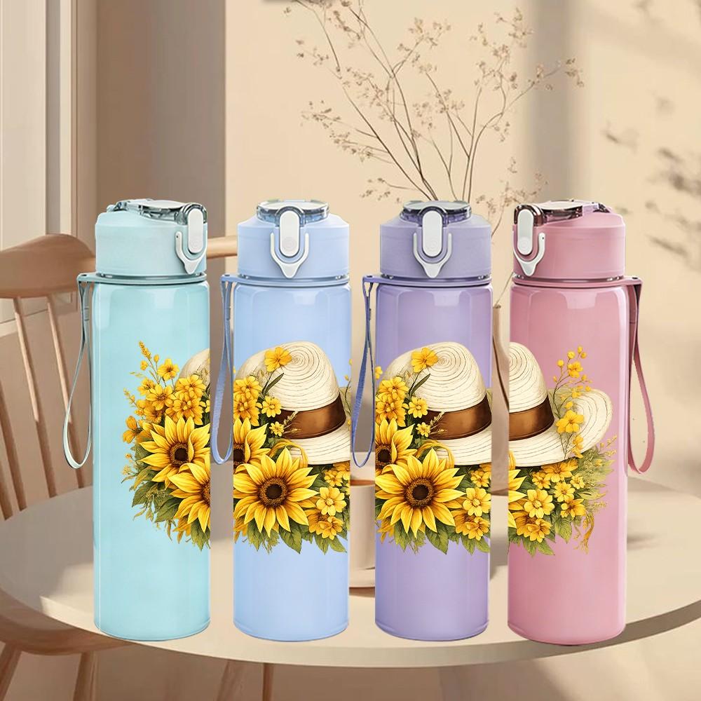1PC Sunflower Cowboy Hat Country Print 750ml Color Plastic Sports Water Bottle Leakproof Flip Straw Lid Suitable for Sports Office Home Use