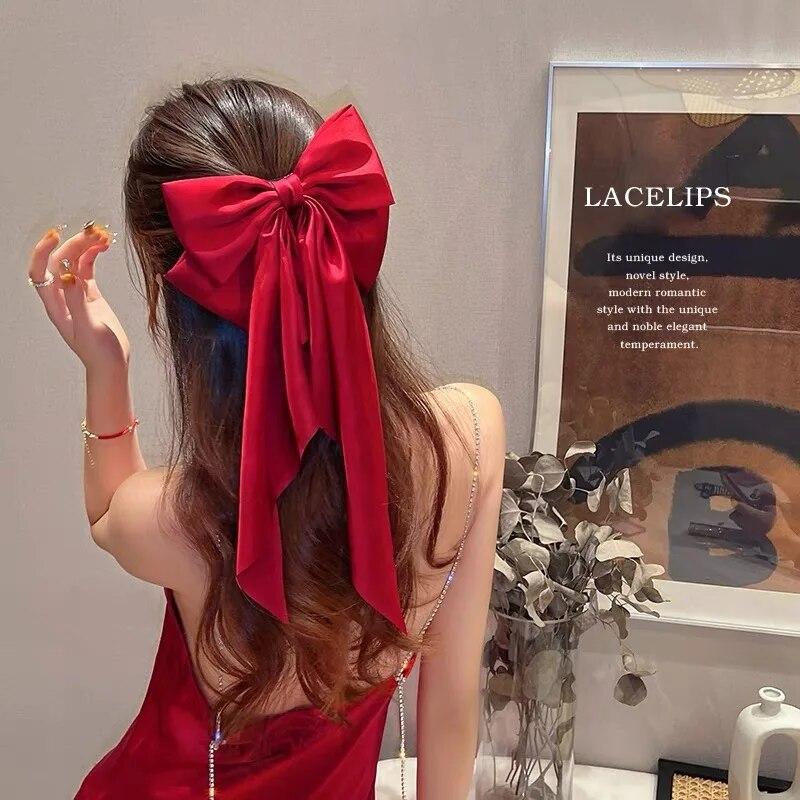 Корейская однотонная атласная заколка для волос, элегантная заколка для волос с бантом и лентой для девочек, модный простой головной убор с зажимами, аксессуары для волос