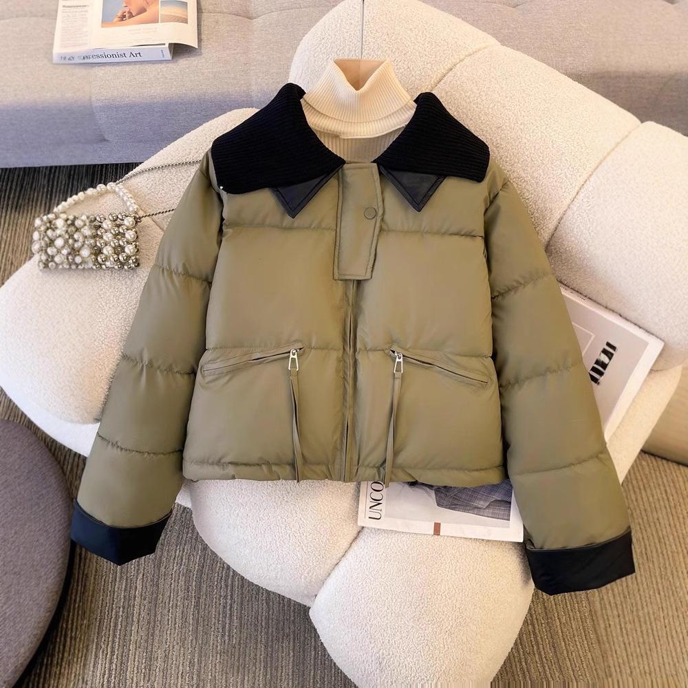 Knitted lapel short down cotton-padded jacket 's winter thickened PU leather splicing cotton-padded jacket