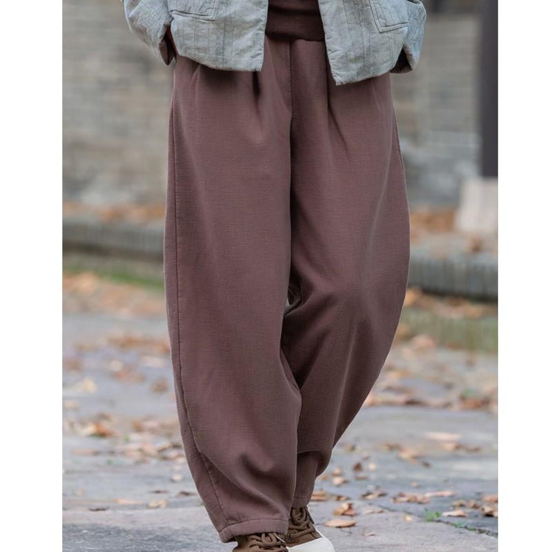 Johnature Women Winter Vintage Bloomers Pants Solid Color Elastic Waist Trousers Female Long Pants