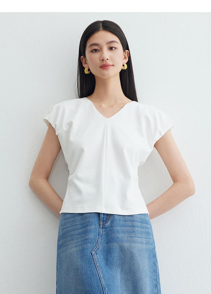 Elegant little fly sleeve top versatile solid color V-neck T-shirt