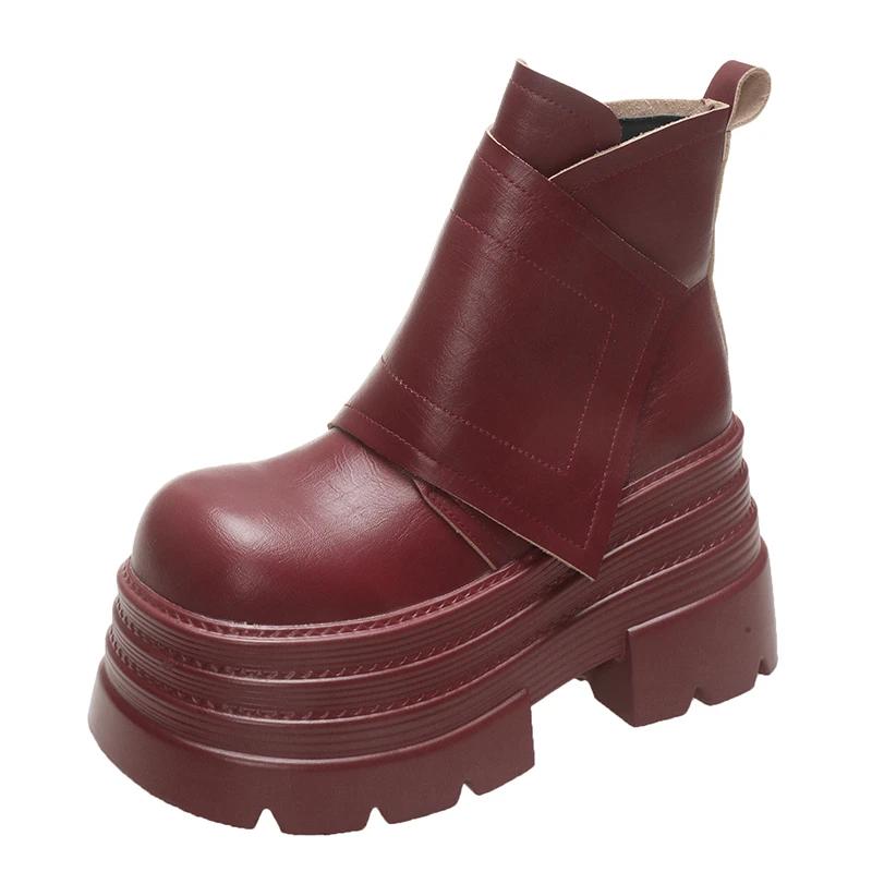 10СМ Женские кожаные ботильоны Осень Зима Каблуки Массивные кроссовки Высокая платформа Молния Мотоциклетные короткие ботинки 2025 Женские Боты