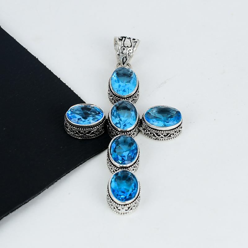 Кулон с драгоценным камнем Голубой Топаз из стерлингового серебра 925 пробы - Ручная работа, Дизайн креста, Ювелирное украшение для повседневной носки, Уникальные подарки-кулоны с Голубым Топазом