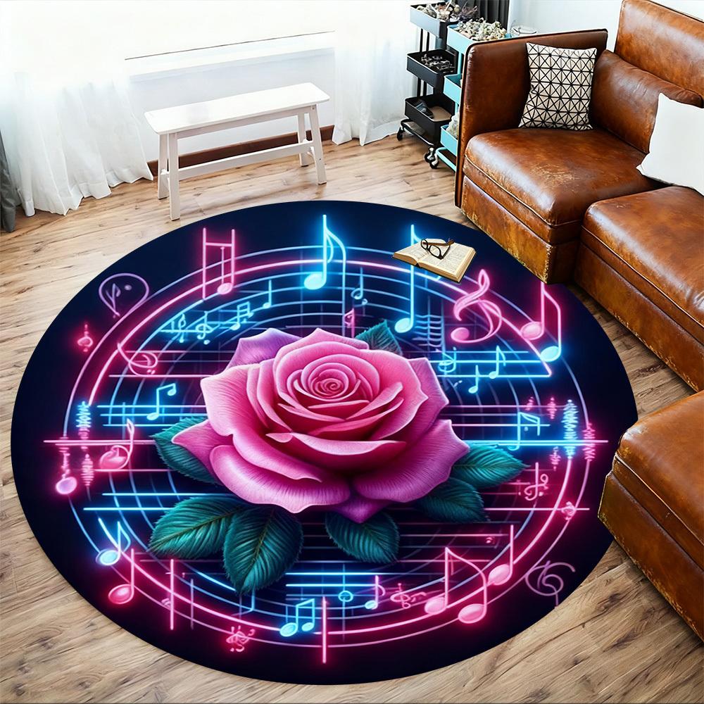 1pc Rose Music Round Chair mat office Area Rug - Non-Slip, Floor Mat for Office, Bedroom, Ideal home decor gift p0105068