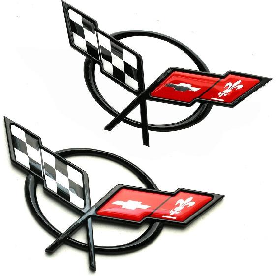 Pair Set 1997-2004 Corvette C5 Front Nose Emblem and Rear Deck Lid 3D Crossed Flags Badge Replacement for Corvette (Black Red)