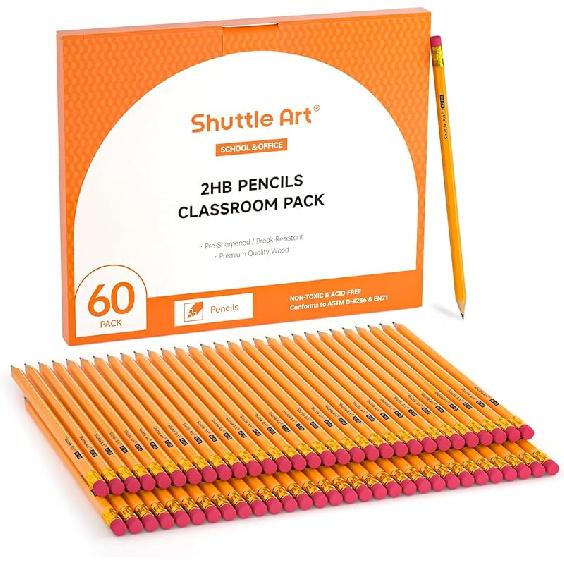 Shuttle Art 60 шт. Карандашей, №2 HB, Заточенные Карандаши с Ластиками на Конце, Премиальные Желтые Карандаши в Деревянной Оболочке, Оптом для Классной Комнаты и Школьных Принадлежностей,
